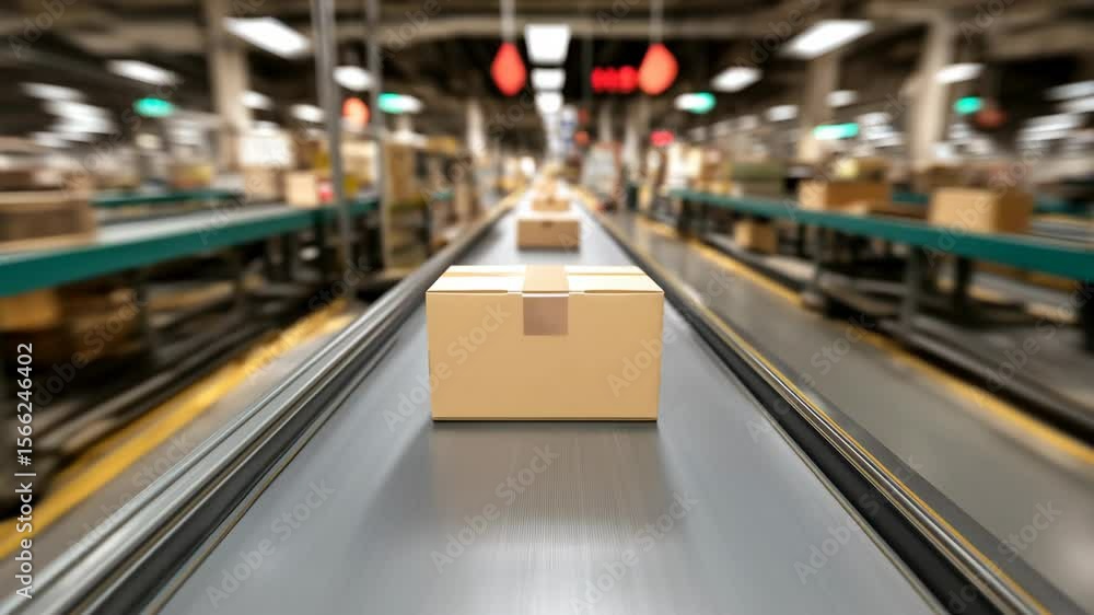 Poster boxes on conveyor belt: package delivery in a factory setting. automated shipping line and efficient
