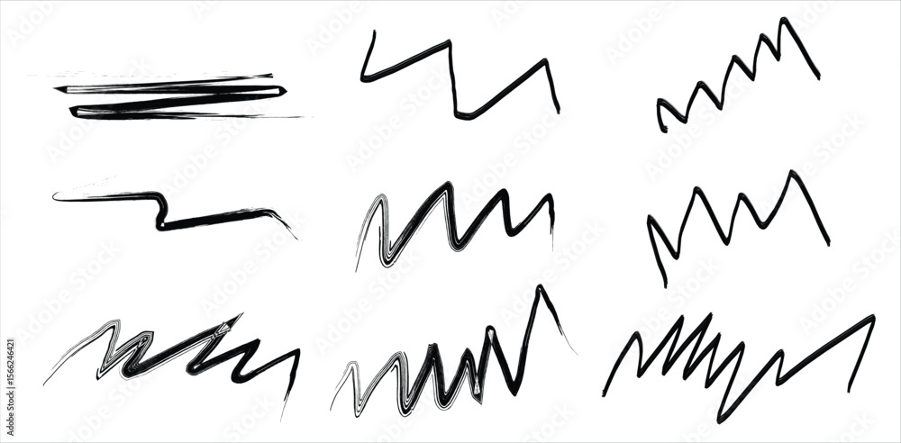 Poster set of 10 black zigzag and wavy hand-drawn scribble strokes with sketchy marker texture and transpar