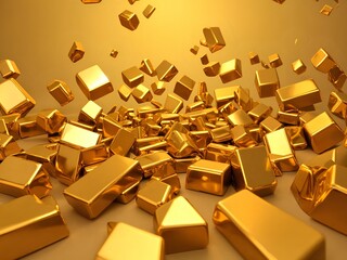 Realistic high-resolution image of a dynamic pattern of gold bars tumbling, subtle motion blur, some slightly tilted, isolated on a background with a harmonious color gradient, even studio lighting.