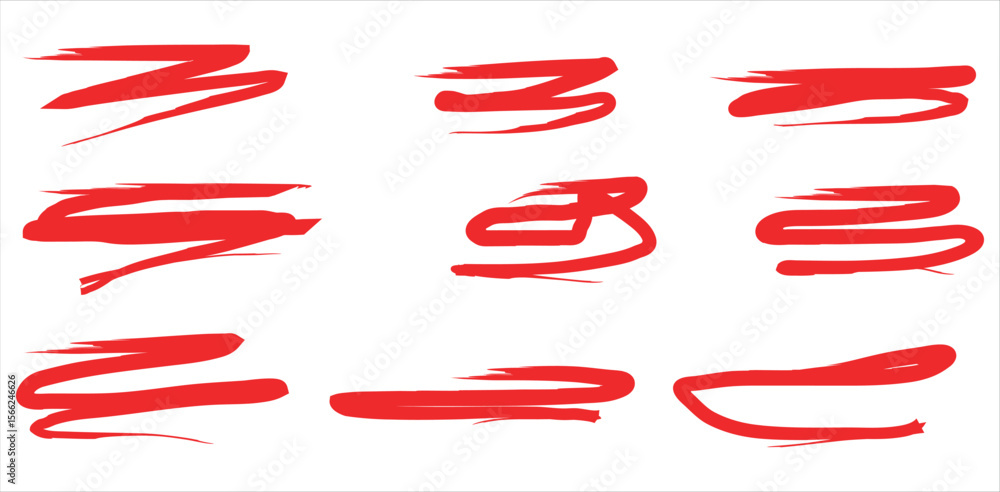Poster collection of red underlines and highlights in bold marker pen sketch style on transparent backgroun