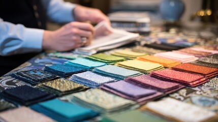 Fototapeta premium Colorful Fabric Swatches with Designer Hand Selecting Material for Interior Decoration and Upholstery Projects