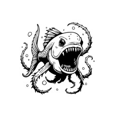 Monstrous aquatic creature design with sharp teeth illustration a blend of fish and octopus features perfect