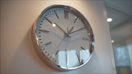 **A silver wall clock with a crystal-clear glass face mounted on an off-white wall, soft lighting and clean copy space surrounding it