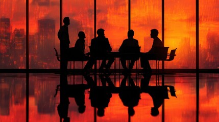 Business Meeting Silhouette Against Vibrant Sunset with Cityscape Reflections in Modern Office Environment
