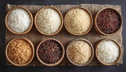 Variety of rice types including brown rice, basmati rice, and long grain rice for healthy eating diet