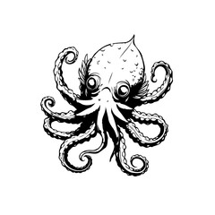Stylized octopus illustration in black and white showcasing intricate details and whimsical sea creature portrayal perfect for design elements