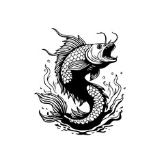 Monochrome illustration of a furious fish with open mouth emerging from water in tattoo style isolated