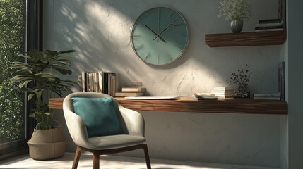 **A small home study corner featuring a floating wood shelf desk, minimal d?(C)cor, and a large contemporary wall clock mounted above