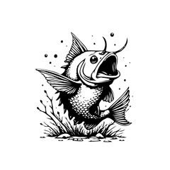 Illustration of a fish jumping out of the water with an open mouth black and white image graphic