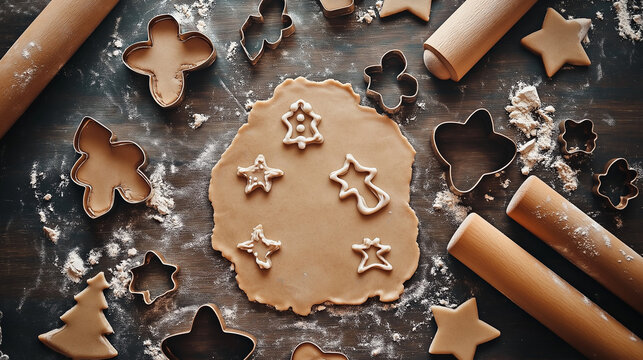 Gingerbread dough and wooden rolling pin 