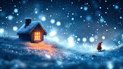 Cozy snowy winter night scene with glowing cabin lights, falling snowflakes, and a child walking through the snow, magical holiday atmosphere for seasonal video background - Powered by Adobe