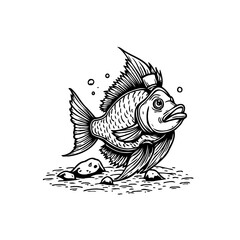 Humorous anthropomorphic fish illustration wearing a hat swimming near rocks showcasing artistic design and character