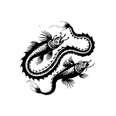 Elegant monochrome illustration showcasing two mythical fish intertwined in a dance of artistic expression