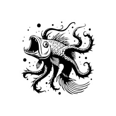 Monochrome illustration of a monstrous anglerfish creature with tentacles suitable for fantasy or horror designs art projects