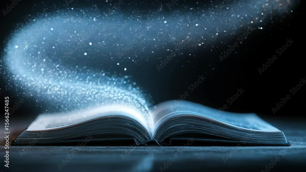 Poster magical open book: a tale unfolds as ethereal light emanates from the pages of an open book, filling