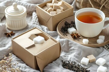 Pixel Perfect Image of Herbal Tea Boxes with Tea and Sugar Cubes