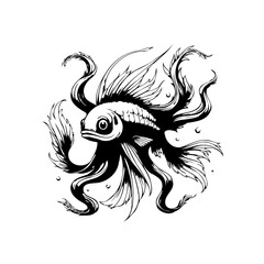 Stylized ink drawing of a fantasy fish creature blending features of fish and octopus with tentacles and fins
