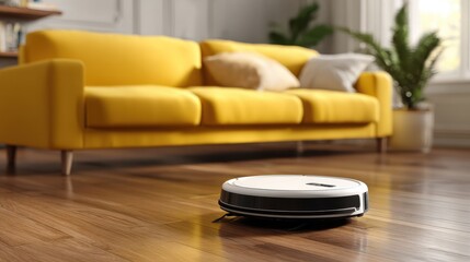 Modern robotic vacuum cleaner navigating hardwood floor in bright living room with yellow couch and indoor plants