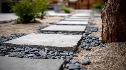 Elegant stone pathway bordered by gravel and plants in a serene outdoor garden setting