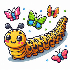 Cheerful cartoon illustration of a caterpillar with butterflies in a bright and colorful style.