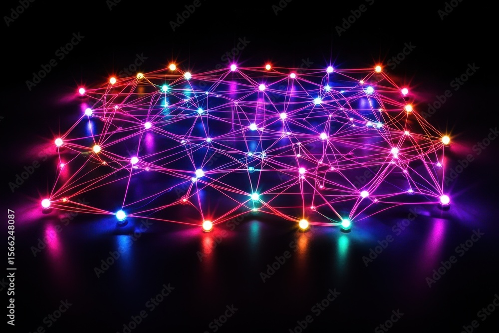 Poster neon network of connections illuminated against a black background during a virtual event, neon netw