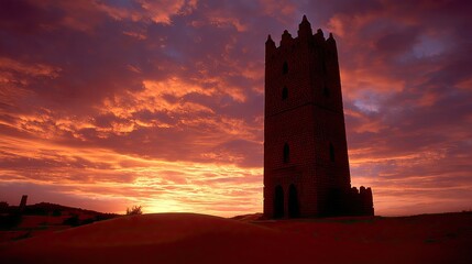 Silhouette of a Tall Stone Tower at Sunset in a Red Desert