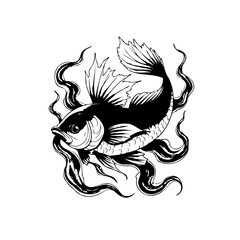 Black and white illustration of a fish with flowing seaweed showcasing artistic design and aquatic life
