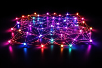 Neon network of connections illuminated against a black background during a virtual event, neon network of connections on black background