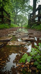 A quiet countryside scene during a light rain, a stone path with puddles leading to a rustic wooden gate