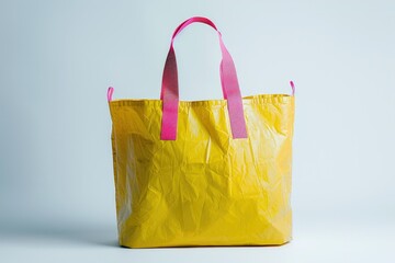 High Definition View of Yellow Tote Bag with Pink Handles on White Background