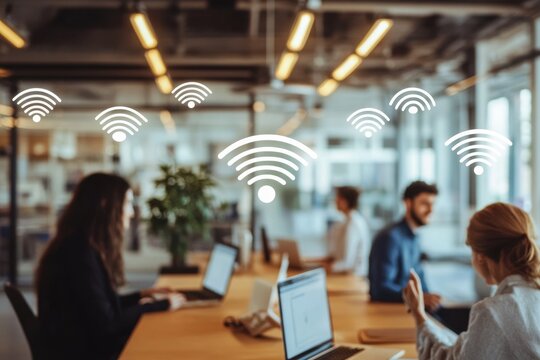 Digital connectivity enhances collaboration among diverse professionals in a modern office space, digital wifi icons over diverse business people in office