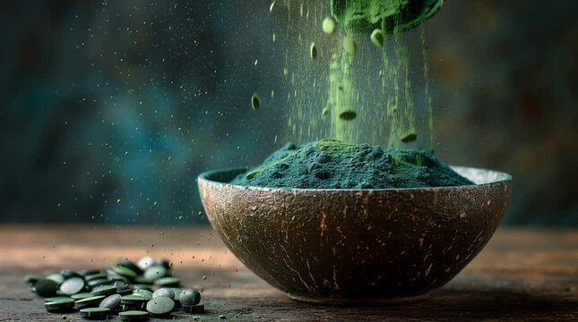 Bright green spirulina powder being poured into a rustic coconut bowl with pills a healthy superfood supplement for wellness and nutrition