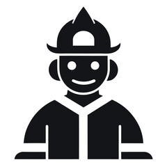 Black and White Icon of a Cartoon Firefighter with a Protective Helmet on Duty