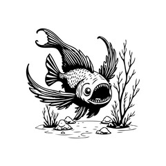 Intricate underwater drawing, a stylized fish with fins illustration and surreal aquatic plants in unique design