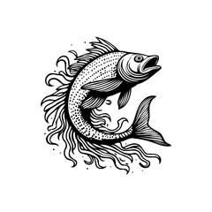 Illustration of fish in a monochrome style with a stylized water effect creates vintage aesthetic graphic