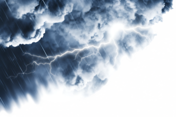 Stormy sky with lightning and rain isolated on a transparent background