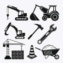Construction Equipment Icons Excavators, Cranes, and Tools for Building Projects