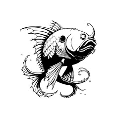 Black and white illustration of a unique fish with detailed fins and elaborate mustache design