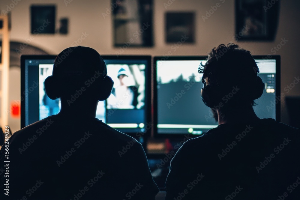 Aufkleber content creators editing and collaborating in front of dual displays during evening hours, content c