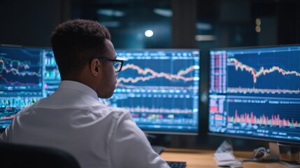 Obraz premium Trader Analyzing Financial Data on Multiple Monitors in Modern Office Environment at Night
