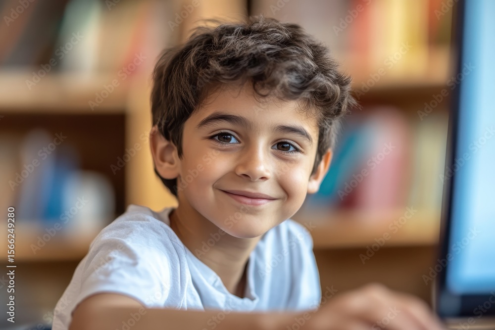 Poster young student engages in conversation with teacher using computer in a classroom setting, young stud