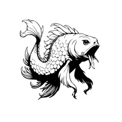 Detailed illustration of a fantasy fish with scales flowing fins open mouth and prominent eyes