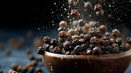 Black peppercorns being poured into a rustic wooden bowl with a sprinkle of pepper dust a spicy cooking ingredient and culinary spice