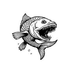 Intricate detailed fish illustration showing a scary face with sharp teeth and big scale and tail perfect for design