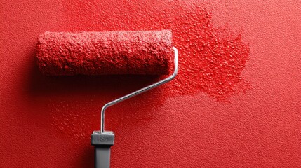 Obraz premium Red Paint Roller and Paint Streak on Smooth Red Wall Surface, Interior Design, Renovation Tool, Artistic Background