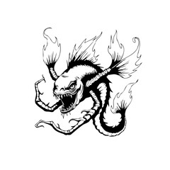 Menacing deep sea monster illustration black and white drawing depicting fictional dangerous marine life creature underwater world