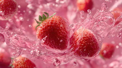 Close-up of strawberries in mid-air surrounded by swirling pink fluid, frozen motion with droplets, dramatic lighting and sharp focus, ideal for beauty product visuals and health food brands