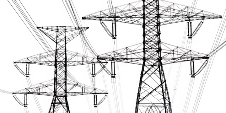 Steel towers carrying power lines isolated on a transparent background
