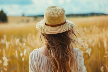 Clear Pixel Image of Rear View of Woman Wearing Hat Standing on Land