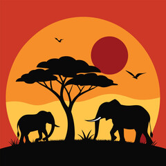 African Sunset Silhouette Majestic Elephants at Dusk, Savannah Landscape Illustration
